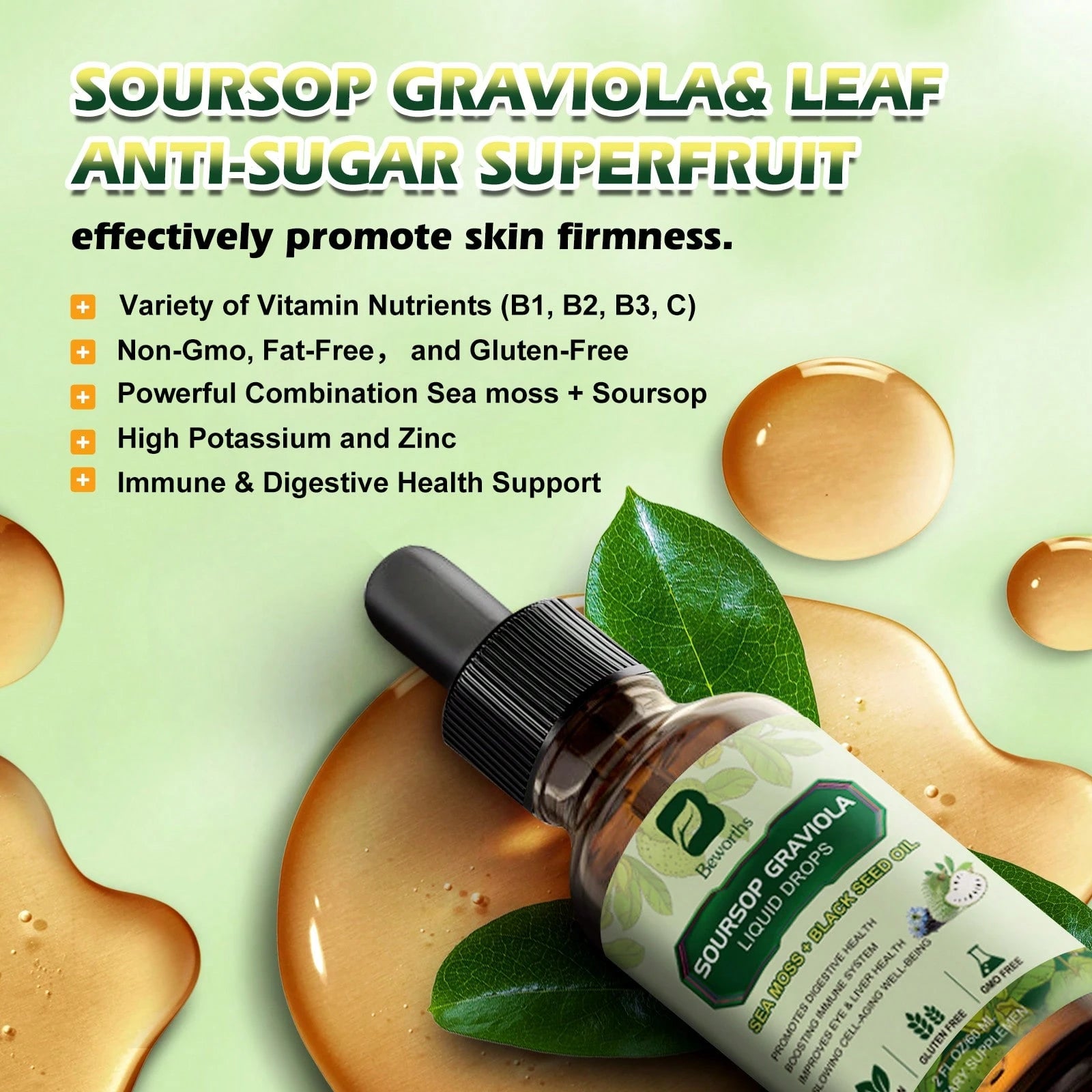 B BEWORTHS Soursop Bitters Liquid Drops, Soursop Graviola Leaf Extract Multivitamin Drops With Sea Moss Black Seed Oil Supplement