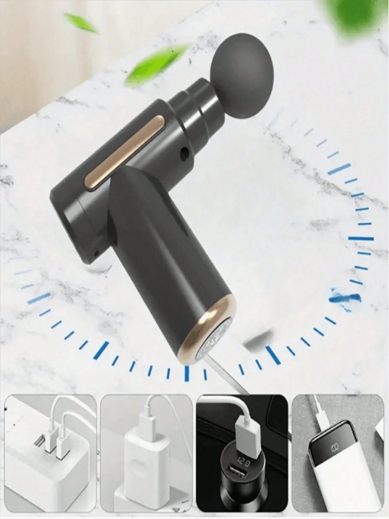 A Stylishly Designed Mini High Torque Motor USB Rechargeable Handheld Massage Gun For Body, Back And Neck Deep Muscle Percussionargeted muscle areas.  Use for 10–15 minutes per session.