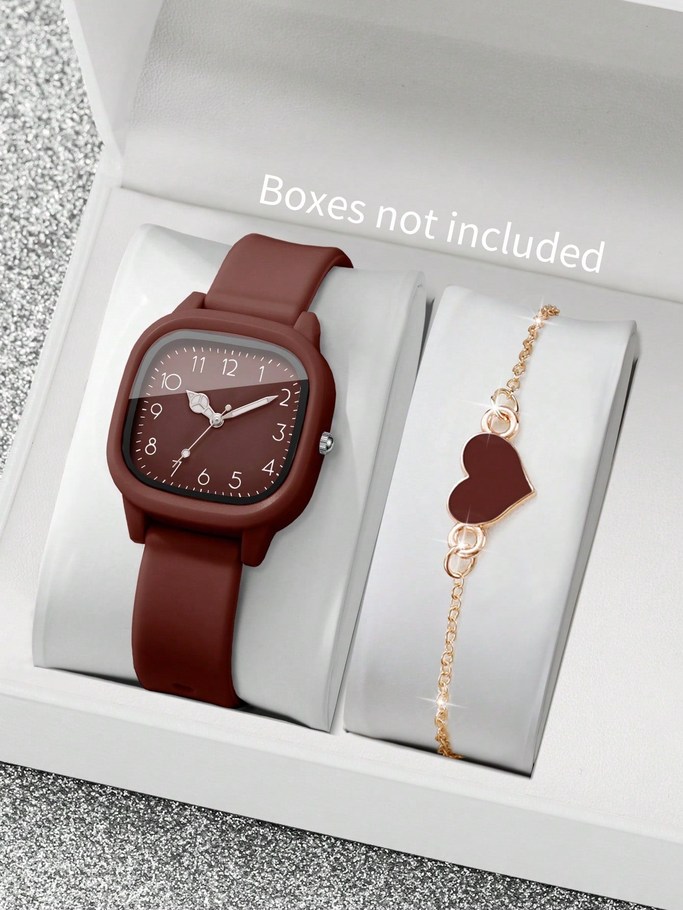 2pcs/Set Women's Silicone Watch With Square Dial & Elegant Quartz Wristwatch + Heart-Shaped Bracelet