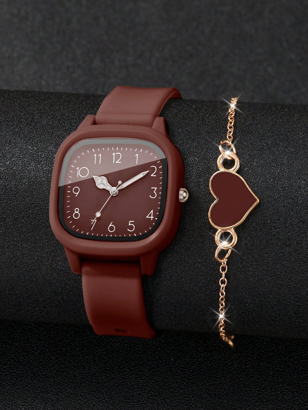 2pcs/Set Women's Silicone Watch With Square Dial & Elegant Quartz Wristwatch + Heart-Shaped Bracelet