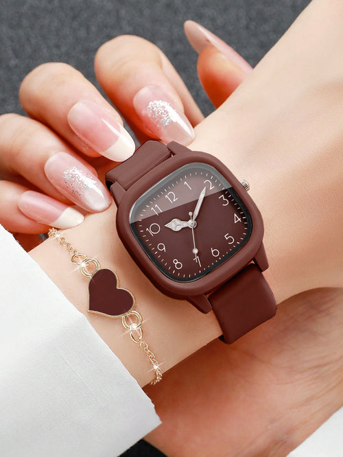 2pcs/Set Women's Silicone Watch With Square Dial & Elegant Quartz Wristwatch + Heart-Shaped Bracelet