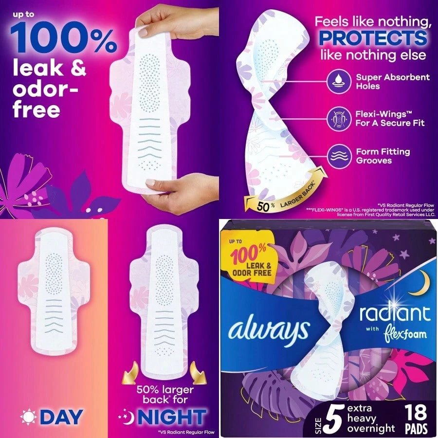 Always Radiant Flexfoam Pads For Women Size 5 Extra Heavy Overnight Absorbency With Wings Scented