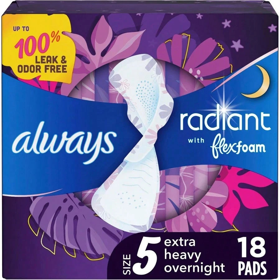 Always Radiant Flexfoam Pads For Women Size 5 Extra Heavy Overnight Absorbency With Wings Scented