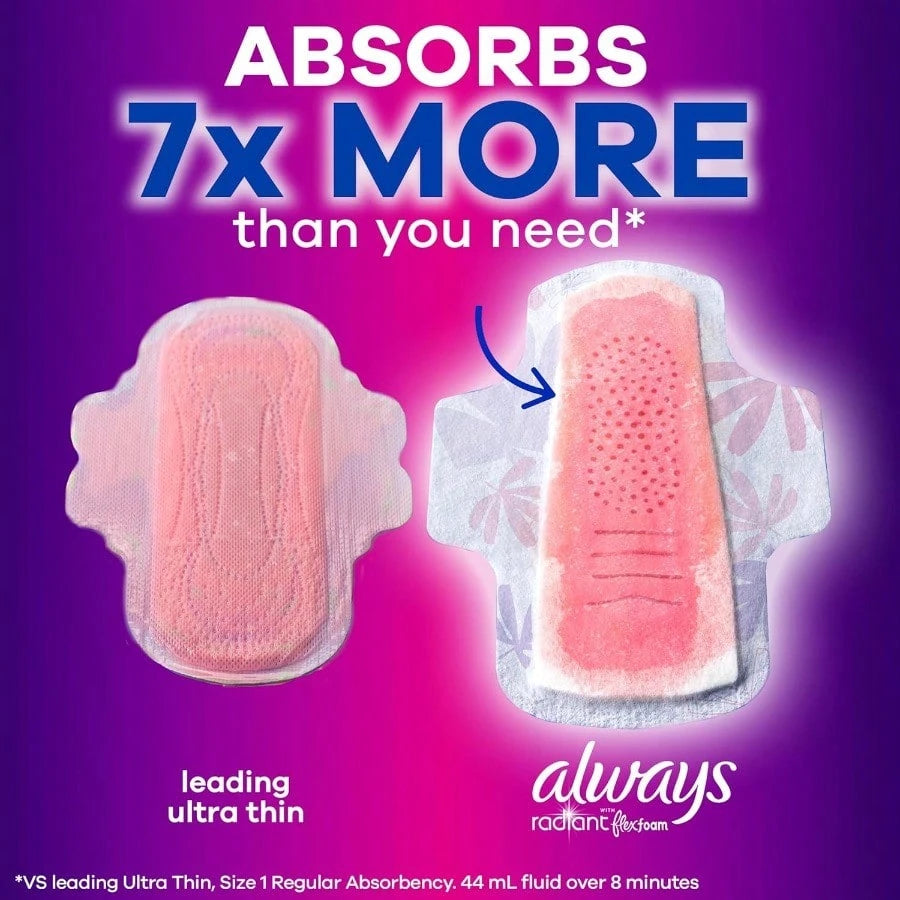 Always Radiant Flexfoam Pads For Women Size 5 Extra Heavy Overnight Absorbency With Wings Scented
