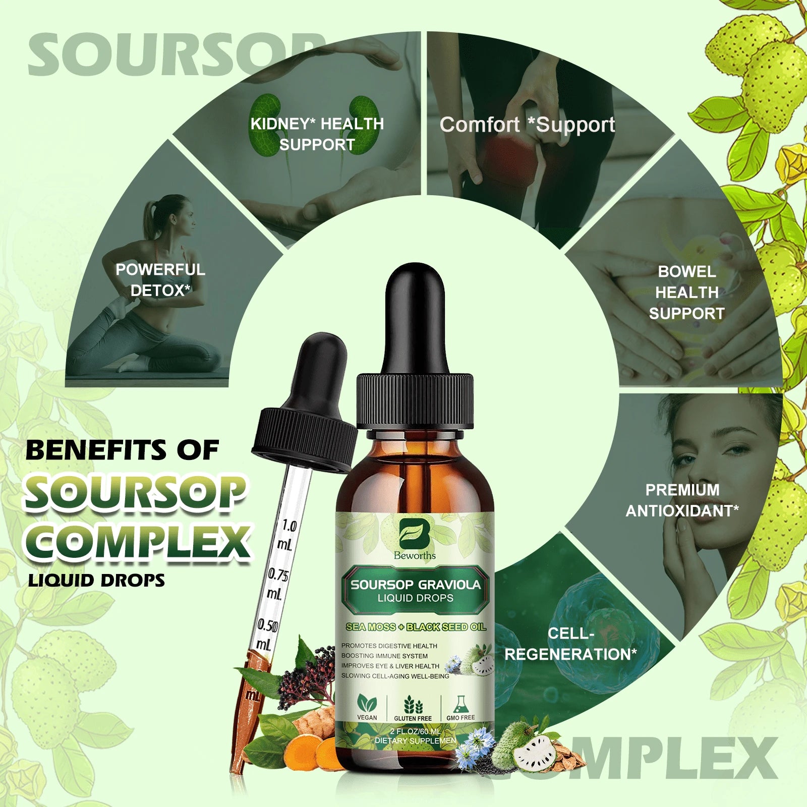 B BEWORTHS Soursop Bitters Liquid Drops, Soursop Graviola Leaf Extract Multivitamin Drops With Sea Moss Black Seed Oil Supplement