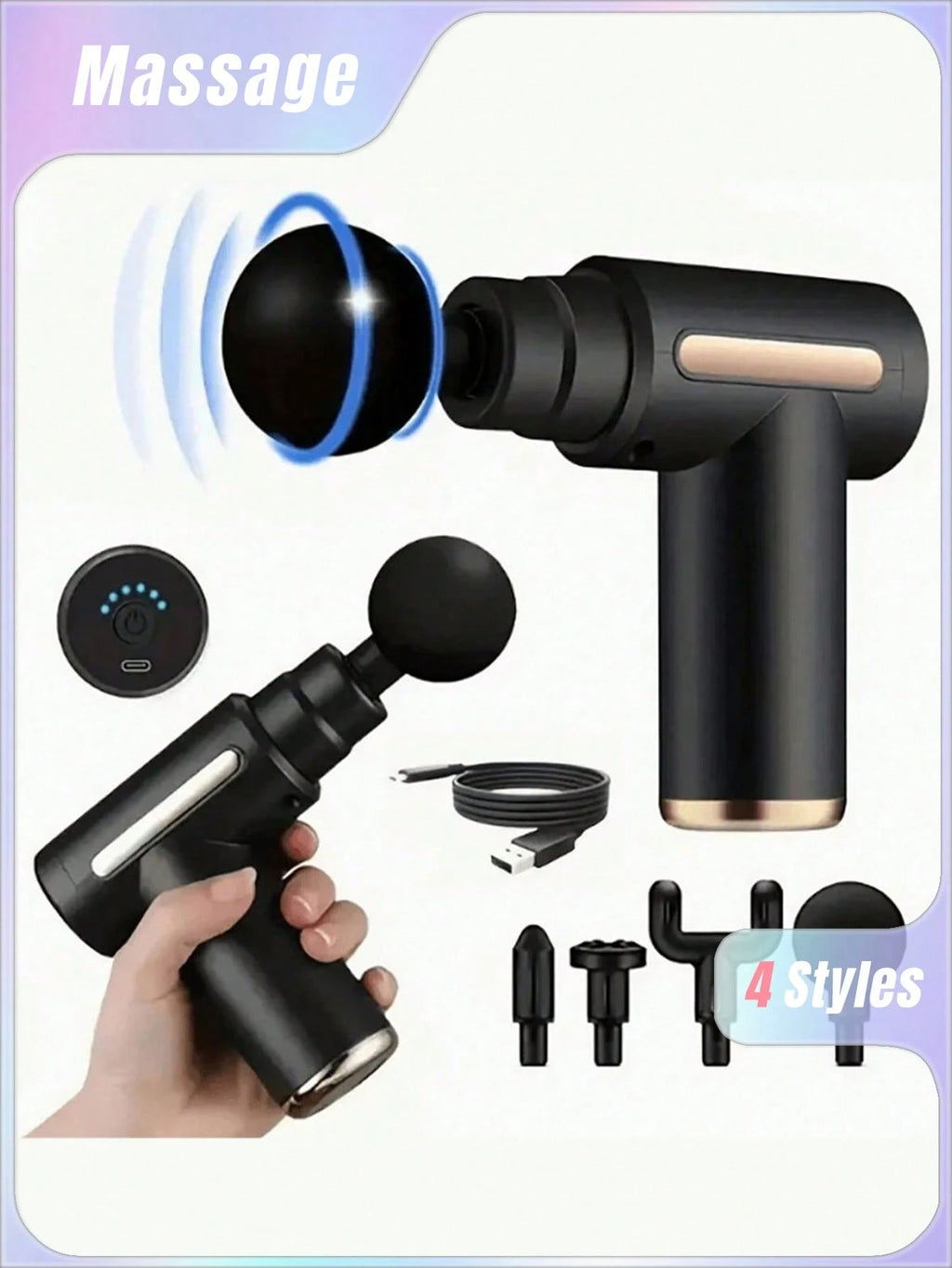 A Stylishly Designed Mini High Torque Motor USB Rechargeable Handheld Massage Gun For Body, Back And Neck Deep Muscle Percussionargeted muscle areas.  Use for 10–15 minutes per session.