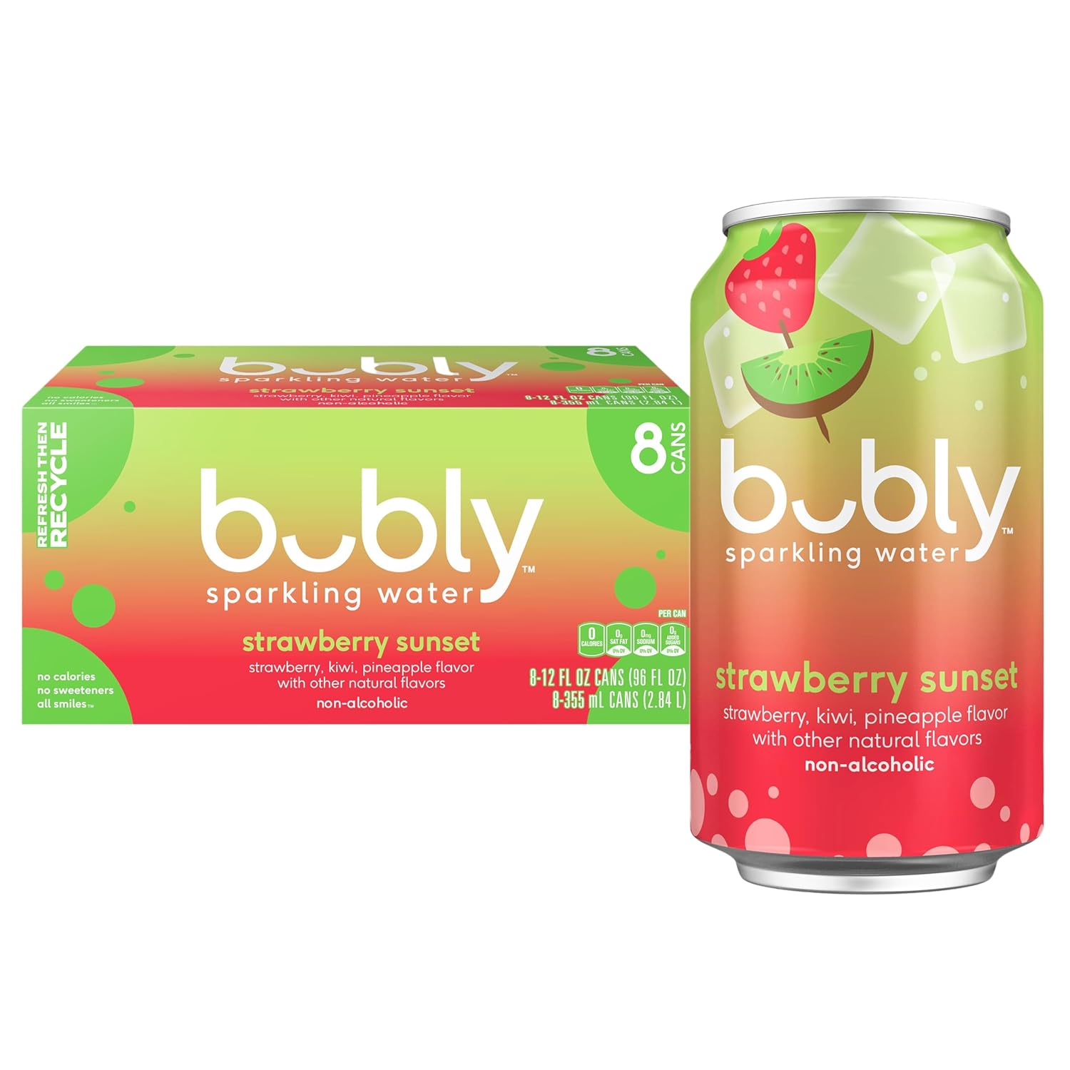 bubly Sparkling Water, Strawberry Sunset, 12 Fl Oz Cans (Pack of 8)