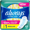 Always Ultra Thin Pads with Wings, Size 1, Regular, 62 Count