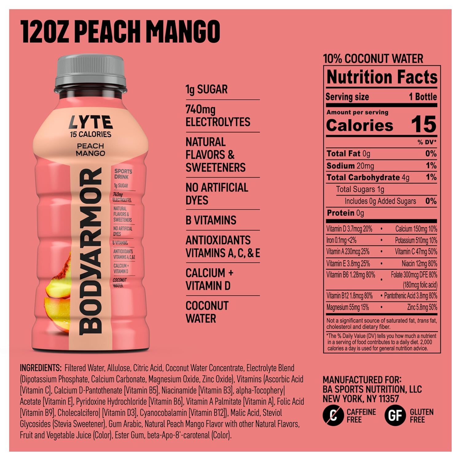BODYARMOR LYTE, Peach Mango, Electrolyte Drink, 15 Calories, 12 Fl Oz Bottles (8 Pack), Coconut Water Sports Drink, Natural Flavor & B Vitamins