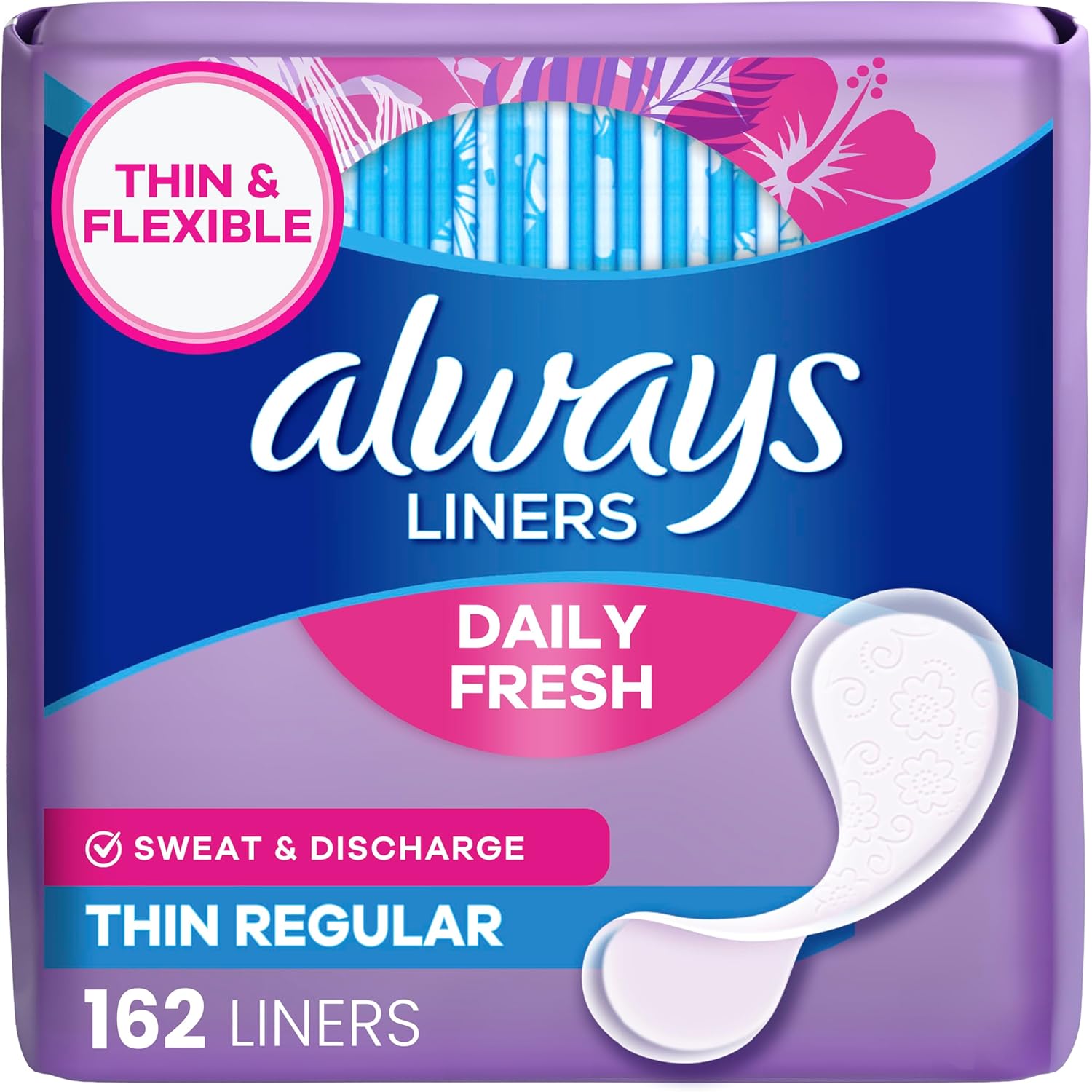 Always Daily Fresh Thin Liners, Regular Absorbency, Unscented Panty Liners, 162 Count