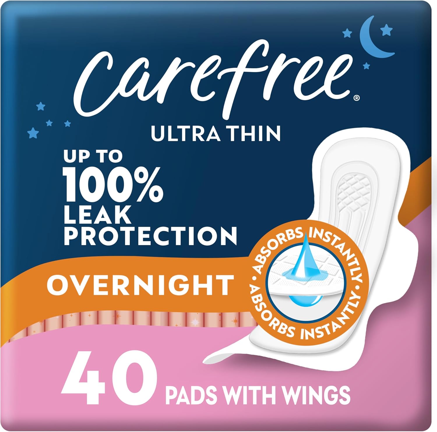 Carefree Ultra Thin Pads for Women, Overnight with Wings | Feminine Care & Postpartum Protection | 40ct (Pack of 1)
